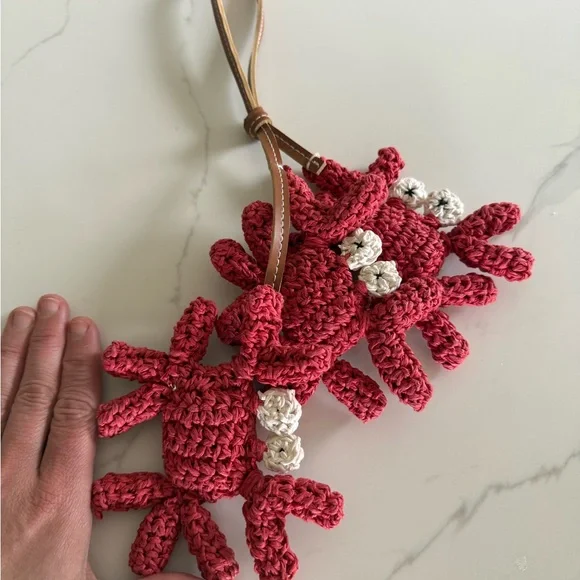 Free People Red Crochet Crab Keychain Wristlet with Cream Accents - Picture 2 of 2